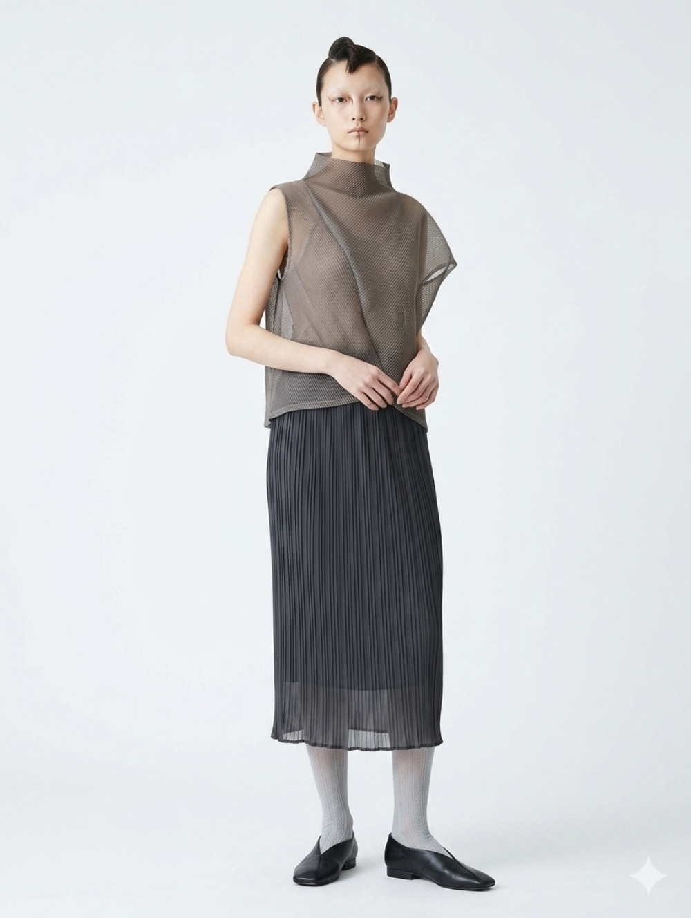 Petite Black Pleated Midi Skirt Elastic Waist Sheer Hem Layered
